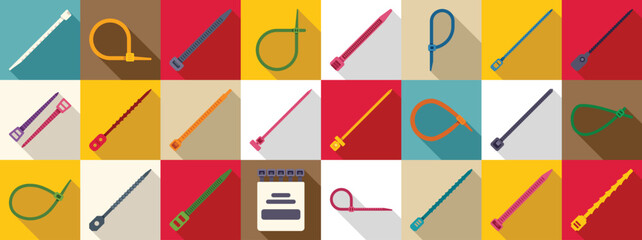 Cable ties icons set. Colorful collection of various cable ties arranged in a grid