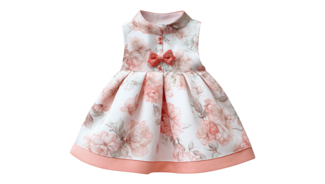 A pastel-colored children's dress with a floral print.  The sleeveless dress has a mandarin collar and a full skirt, accented with a coral-colored bow and trim