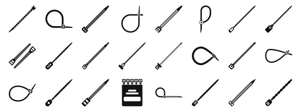 Cable ties icons set. Set of black and white cable tie icons with a notepad illustration