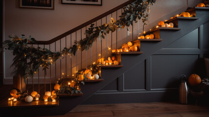 Christmas Holiday Staircase with Rustic Pine Garland and Red Ribbons