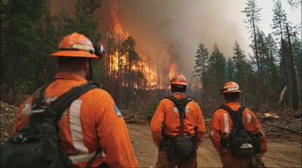 Firefighters monitor wildfire from command center as smoke rises over forested mountains during summer in a remote location