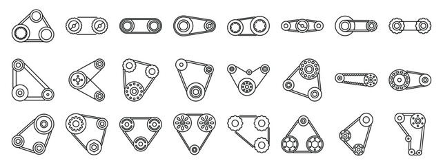 Engine belt icons set. Various timing belt and pulley configurations are displayed, illustrating diverse engine setups