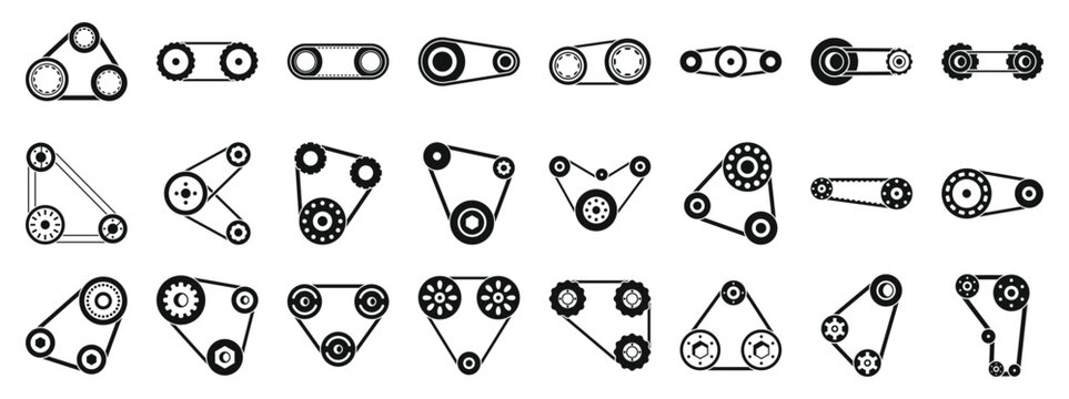 Engine belt icons set. Timing belts synchronize rotation, crucial for engine performance and industrial machinery, ensuring precise timing and power transmission