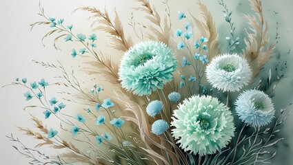 Subtle Beauty of Nature: A Serene Illustration of Aqua-Blue Blooms and Faded Botanical Elements

