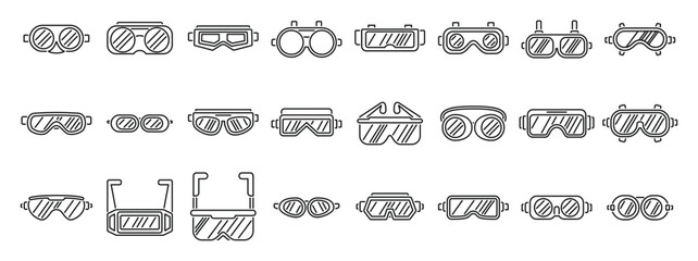 Welding glasses icons set. Collection of diverse outline goggles and glasses in minimalist style