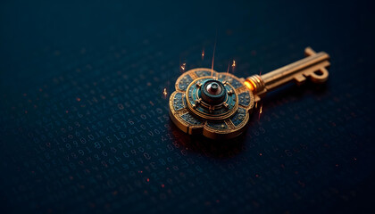 Ornate golden key glowing with digital data image