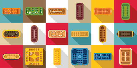 Mancala icons set. Mancala boards displaying different shapes, colors, and configurations, celebrating the diversity of this ancient game