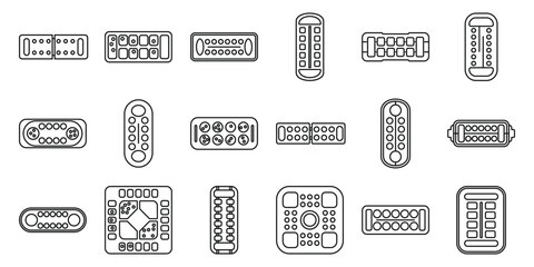 Mancala icons set. Various electrical connectors are depicted, highlighting their connecting pins in a simple, line art style