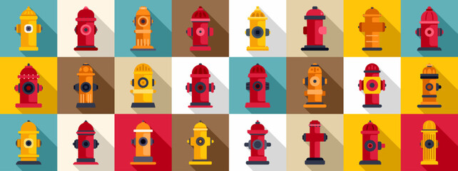 Fire hydrant icons set. Colorful fire hydrants stand ready for fire emergencies, ensuring safety and protection in urban areas