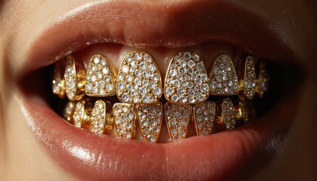 Close-up view of gold grill teeth with small diamonds. Gold-colored teeth overlap, creating depth and perspective. Dentist office setting, gray, brown, beige color palette, pro environment.