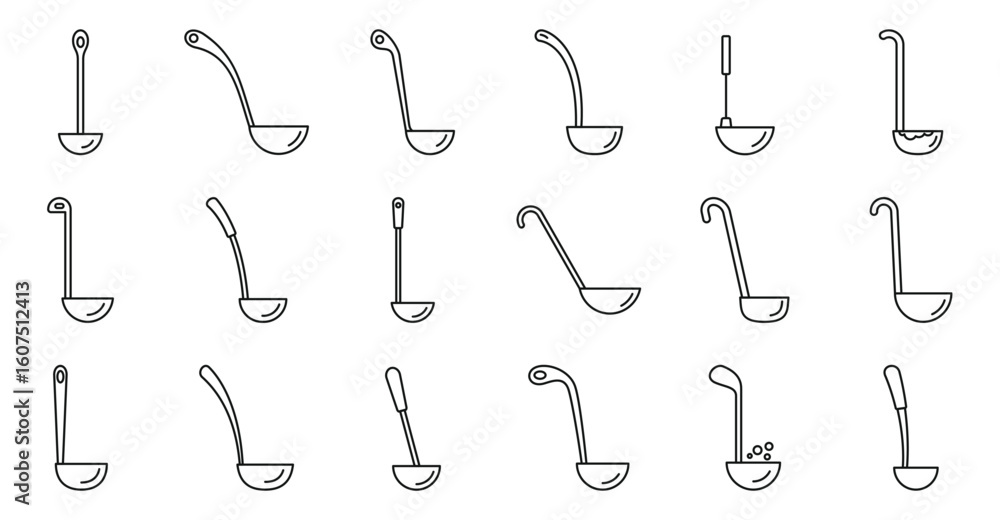 Poster ladle icons set. set of soup ladle icons in thin line style, representing different designs of this 