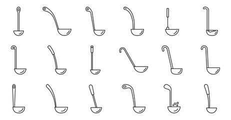 Ladle icons set. Set of soup ladle icons in thin line style, representing different designs of this kitchen utensil used for serving soups, stews, or other liquid dishes