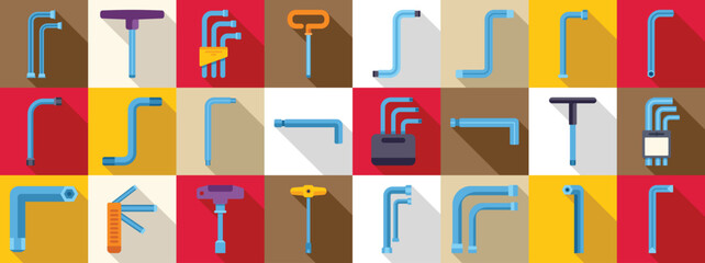 Allen keys icons set. Allen wrench key set in various sizes and types, essential tools for repairing, maintaining, and assembling equipment and machinery