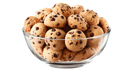 Round snack bowl filled with chocolate cookies on white background