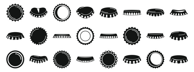 Beer bottle cap icons set. Diverse bottle cap silhouettes arranged in horizontal rows