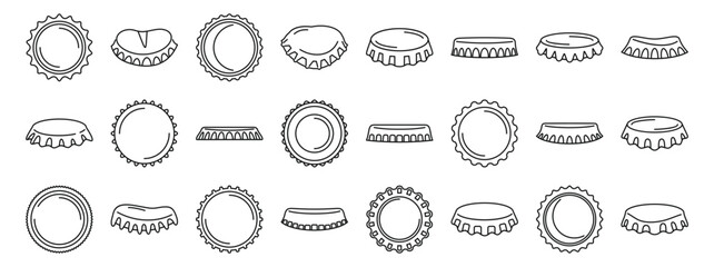 Beer bottle cap icons set. Diverse bottle cap illustrations showcasing intricate outlines