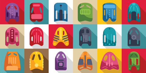 Swimming board icons set. Diverse robot icons displayed in a vibrant grid pattern