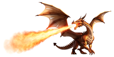 Fiery dragon exhaling flames isolated on a transparent background