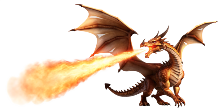 Fiery dragon exhaling flames isolated on a transparent background