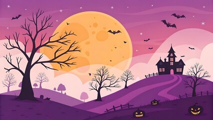 A spooky haunted house sits on a hill under a full moon at night