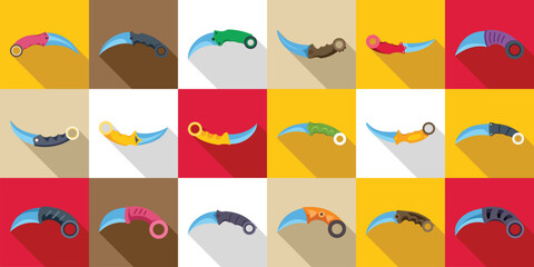 Karambit icons set. Karambit icons showing curved blades for self defense purposes, in a flat design with long shadows