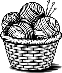 Black and white silhouette of cozy yarn basket with spiral thread, woven texture, overlapping balls of yarn, and knitting needles, ideal for craft-themed vector illustrations and fall DIY designs