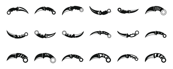 Karambit icons set. Set of unique karambit knife designs in black and white