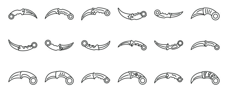 Karambit icons set. Set of various stylized knife illustrations with curved blades