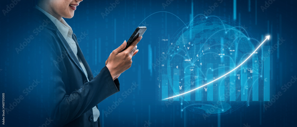 Aufkleber a business professional engages with a smartphone to analyze increasing data trends, surrounded by f