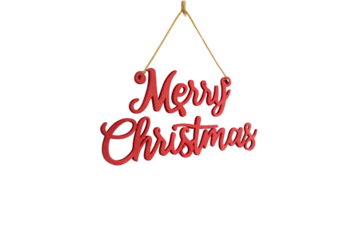 Red "Merry Christmas" script sign hanging on a white wall.