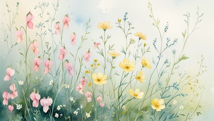 Whimsical Floral Tapestry: A Seamless Pattern of Diverse Wildflowers and Lush Foliage in Pastel Tones

