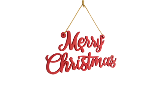 Red "Merry Christmas" script sign hanging on a white wall.