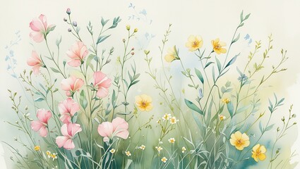 Peaceful Springtime Landscape: Illustrated Flowers and Tall Grasses in a Light and Airy Setting

