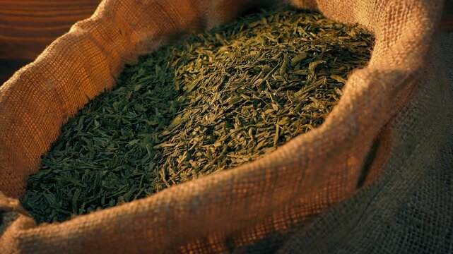 Sack Of Green Tea Moving Shot
