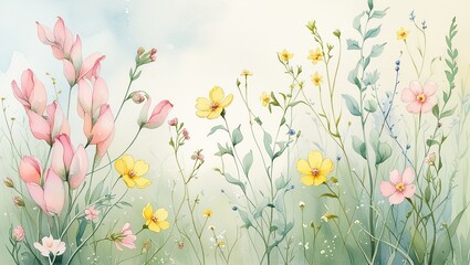 Serene Botanical Art: A Field of Gentle Blooms and Graceful Greenery in a Soft, Dreamlike Style

