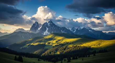 Dramatic mountain peaks bathed in golden sunlight under a stormy sky