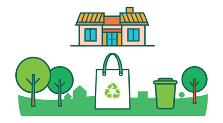 Obraz premium House with trees recycling bin and shopping bag home