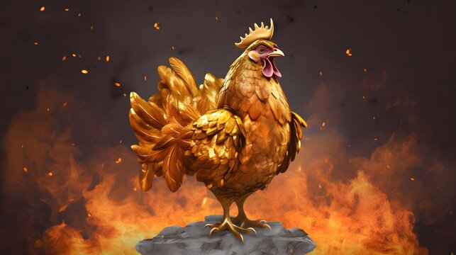 Golden rooster illustration standing proud with fire background artwork - Powered by Adobe