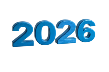 PNG image of The year 2026 in blue metallic numbers with reflection, isolated on a white background.