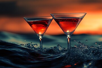 Two martini glasses filled with a reddish liquid,  resting on a wave of water