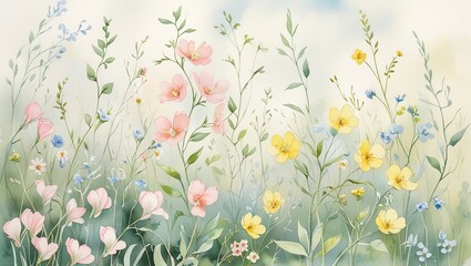 Vibrant Watercolor Meadow: A Lively Garden Scene with Delicate Pink, Yellow, and Blue Wildflowers


