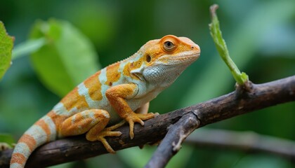 Naklejka premium Vibrant lizard on a tree branch in lush jungle habitat. Orange, white body colors. Lizard sits firmly on sturdy branch. Green foliage background adds depth, complexity.