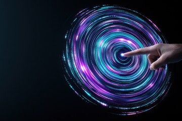 Hand touching glowing digital interface with circular pattern, futuristic technology design showing innovation and interactive energy in cyberspace