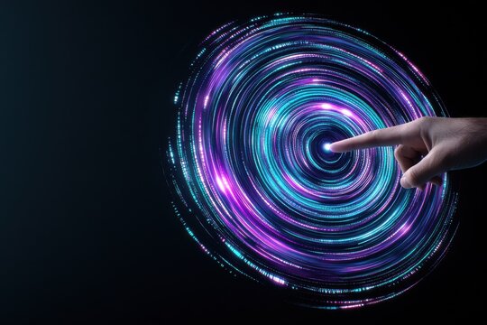 Hand touching glowing digital interface with circular pattern, futuristic technology design showing innovation and interactive energy in cyberspace