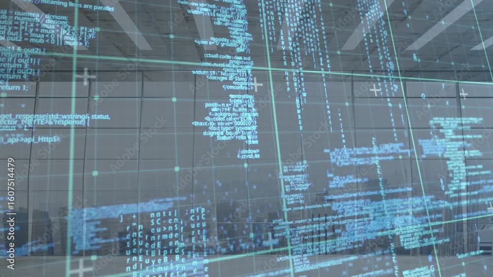 Poster green grid appearing before windows, emitting code streams into columns, pulsing showing data flow