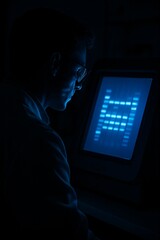 Scientist pensively analyzing DNA gel electrophoresis results on a screen in a dark lab
