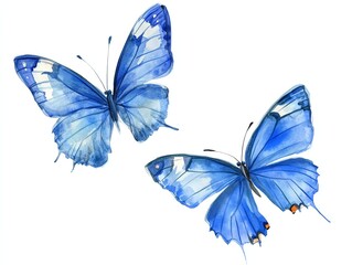 Fototapeta premium Two watercolor painted butterflies with blue and white markings on a white background