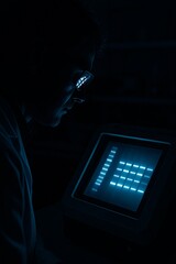 Focused scientist examining genetic sequencing data on a monitor in the dark
