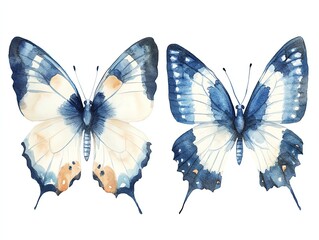 Obraz premium Two watercolor painted butterflies with blue and white markings on a white background