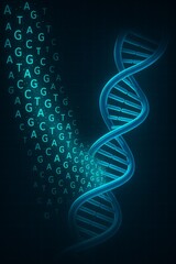 Abstract visualization of genetic code transforming into a 3D DNA helix